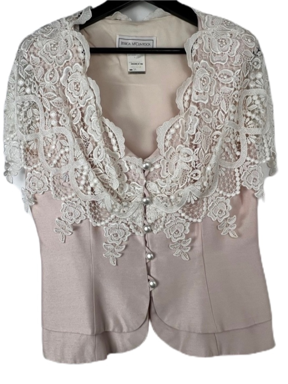 Vintage Jessica McClintock Sleeveless Crochet Lace Overlay Top sz 14 Pale Pink